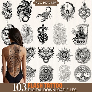 Könnte beinhalten: Eine Sammlung von 103 schwarz-weißen digitalen Tattoo-Designs, darunter Totenköpfe, Schlangen, Koi-Fische, Skorpione und florale Motive. Das Bild zeigt verschiedene grafische Illustrationen in den Formaten SVG, PNG und EPS mit dem Text 103 FLASH TATTOO DIGITAL DOWNLOAD FILES.
