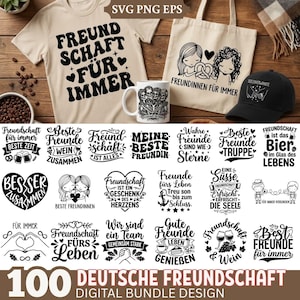 May include: A collection of friendship-themed digital designs. Includes a beige t-shirt, a white mug, a tote bag, and a black cap, all with black graphic text. Additional designs feature phrases like "Best Friends" and "Friendship Forever."