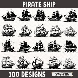 Pacote SVG de Navio Pirata - 100 Desenhos de Clipart de Navio Vintage - Arquivos de Corte SVG Náuticos para Cricut Silhouette - Gráficos PNG para Artesanato