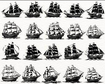 Pirate Ship SVG Bundle - 100 Vintage Ship Clipart Designs - Nautical SVG Cut Files for Cricut Silhouette - PNG Graphics for Crafts