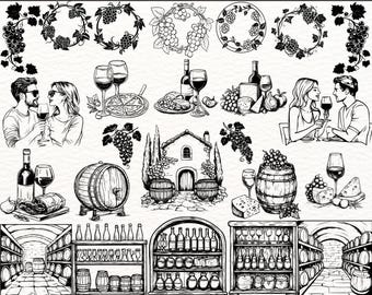 May include: Black and white illustrations of wine and cheese-related items. The image includes wine glasses, bottles, grapes, cheese, barrels, and people enjoying wine. Text at the top reads "WINE AND CHEESE" and at the bottom "200 DESIGNS SVG-PNG".
