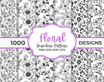 May include: A set of 1000 floral seamless patterns in black and white. The patterns feature various floral designs, including small flowers, large flowers, and leaves. The text "Floral Seamless Pattern PNG-SVG-DXF-EPS" is displayed in a purple banner.