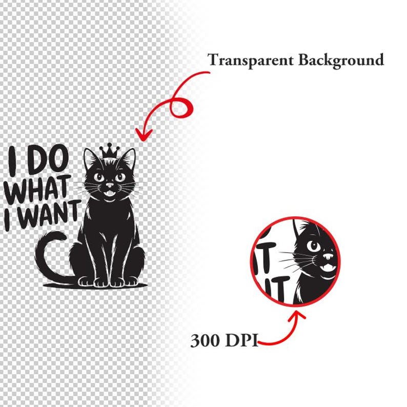 May include: Black cat illustration wearing a crown, with the text "I DO WHAT I WANT". The cat is sitting upright with its tail curled. A smaller circular image shows a close-up of the cat's face. The image is designed for a transparent background.