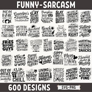 SVG-bundel grappig sarcasme – 600 hilarische ontwerpen, moederhumor, koffiecitaten, ouderschap, wijn, strand, pittige sarcastische SVG's voor Cricut