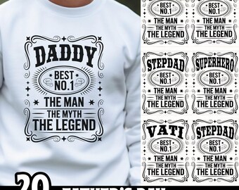Pacote SVG de rótulos de uísque para o Dia dos Pais, design de camiseta "Melhor Pai, Papai, Padrasto, Vovô, Super-herói, Vati", clipart "O Homem, o Mito, a Lenda"