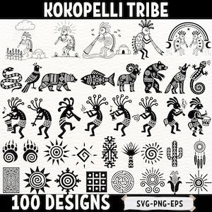 Può includere: Elementi di design in bianco e nero della tribù Kokopelli. L'immagine presenta varie illustrazioni, tra cui figure che suonano strumenti, animali, simboli solari e motivi geometrici. È presente anche il testo "KOKOPELLI TRIBE" e "100 DESIGNS".