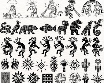 Kokopelli Tribe SVG Bundle mit 100 alten Tribal Designs, Boho Indianer Symbole, ethnische Geisterfiguren, Clipart für Cricut und Sublimation