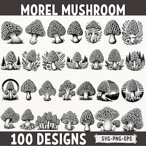 Op de afbeelding: 100 zwart-wit illustraties van morieljes in verschillende poses en arrangementen. De tekst "MOREL MUSHROOM" en "100 DESIGNS" staan ​​bovenaan en onderaan de afbeelding, respectievelijk. De tekst "SVG-PNG-EPS" staat ​​rechtsonder in de afbeelding.