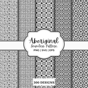 Könnte beinhalten: Ein Set mit 300 schwarzen und weißen nahtlosen Mustern im Aboriginal-Stil. Die Muster sind geometrisch und weisen Kreise, Punkte und Linien auf. Der Text "Aboriginal Seamless Pattern" und "PNG | SVG | EPS" wird auf weißem Hintergrund angezeigt.