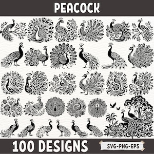Pfau SVG-Bundle, 100 Pfau Clipart-Designs, Zierpfau-Schnittdateien, PNG EPS svg, Laser-Schnittdateien, Cricut Silhouette-Vektorgrafik