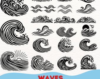 Paquete SVG de olas del océano, imágenes prediseñadas de olas de playa, vector de olas marinas náuticas, PNG de olas de surf, diseño de olas digitales, archivos de corte de arte lineal del océano