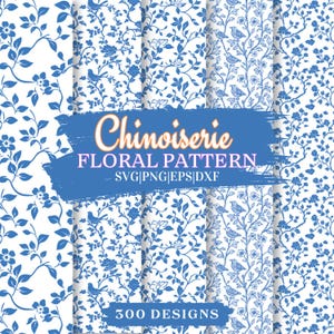 Bundle de motifs floraux chinoiseries, papier numérique fleur vintage bleu blanc, arrière-plans vectorielle continue, téléchargement immédiat de SVG PNG EPS Dxf
