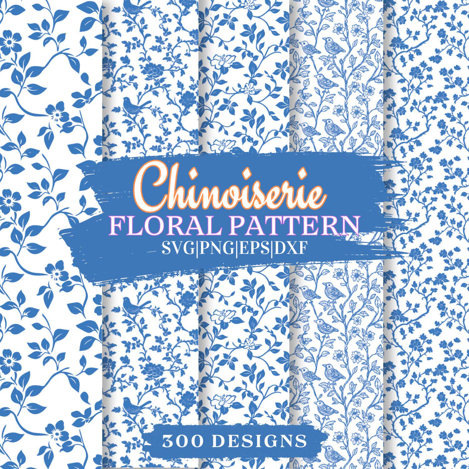 Chinoiserie Floral Pattern Bundle, Blue White Vintage Flower Digital ...
