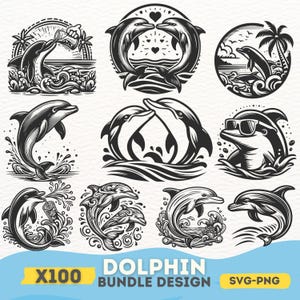 Dauphin SVG Bundle, 100 dessins de clipart dauphin, silhouette de dauphin de plage, vecteur animal marin, dauphin de l'océan PNG pour Cricut, art de la vie marine