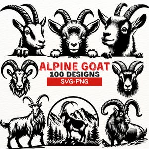 Alpine Goat SVG Bundle, 100 Goat Clipart Designs, Mountain Goat PNG Files, Farm Animal Cut Files for Cricut, Wildlife Silhouette Vectors