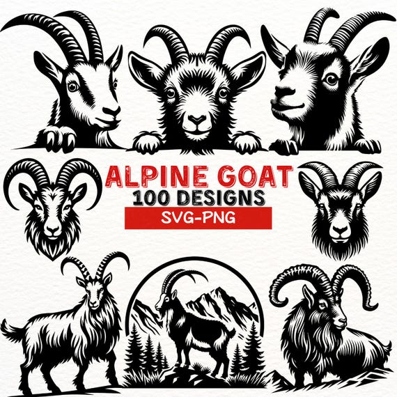 アルパイン ヤギ SVG バンドル、ヤギ クリップアート デザイン 100 点