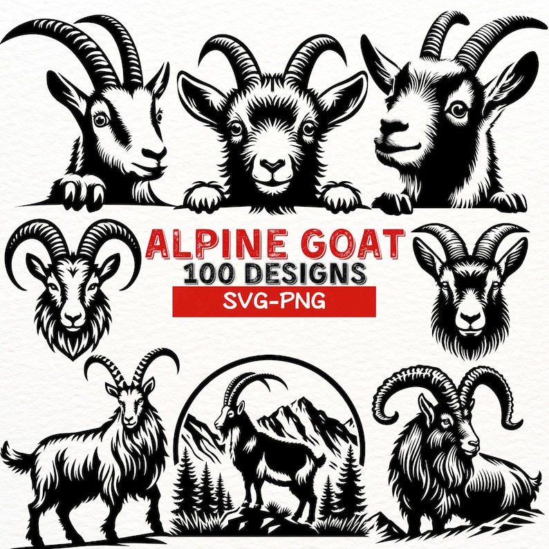 Puede incluir: Un conjunto de 100 ilustraciones vectoriales en blanco y negro de cabras alpinas en varias poses. Las ilustraciones son perfectas para proyectos de artesan&iacute;a, logotipos y mucho m&aacute;s. El texto "ALPINE GOAT 100 DESIGNS SVG-PNG" se muestra en la parte inferior de la imagen.