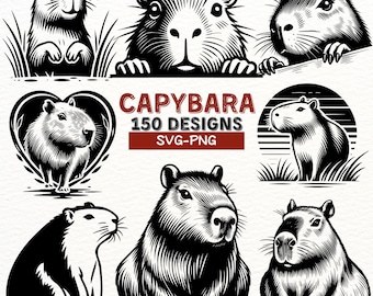 Kapybara SVG-paket med 150 designer | Söt kapybara Clipart PNG | Kapybara Vektorgrafik | Djursilhuett Digitala filer för Cricut