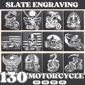 Motorcycle SVG Bundle Skull Rider Biker Clipart Dragon Snake Grim Reaper Flames Helmet American Flag Slate Engraving PNG EPS