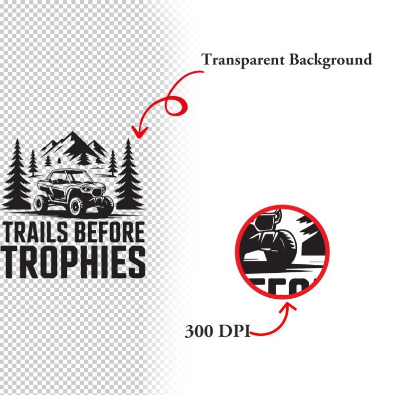 Puede incluir: Gr&aacute;fico en blanco y negro que presenta un veh&iacute;culo todoterreno, monta&ntilde;as y pinos. El texto "TRAILS BEFORE TROPHIES" est&aacute; debajo de la imagen. La imagen est&aacute; dise&ntilde;ada para un fondo transparente.