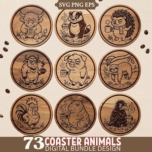 Grumpy Animal Coaster SVG Bundle Roliga Kaffe Mood Designs PNG EPS Lasergraveringsfiler Söt Skogsgård Gård Vilda Djur Set