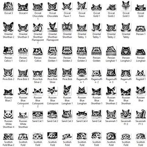 May include: A chart of different cat breeds with black and white illustrations of each breed. The chart includes the names of each breed, such as Norwegian Forest Cat, Ocicat, Persian, Ragdoll, and Scottish Fold.