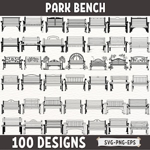 May include: A collection of 100 black and white park bench designs. The designs are simple and elegant, and they would be perfect for use in a variety of projects, such as scrapbooking, card making, or home decor.