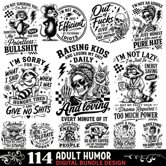 Adult Humor SVG Bundle, Sarcastic Skeleton Raccoon Designs (Digital Download)