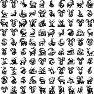 Puede incluir: Una colecci&oacute;n de 64 ilustraciones en blanco y negro de cabras en varias poses. Las cabras est&aacute;n representadas en un estilo vintage con detalles intrincados.