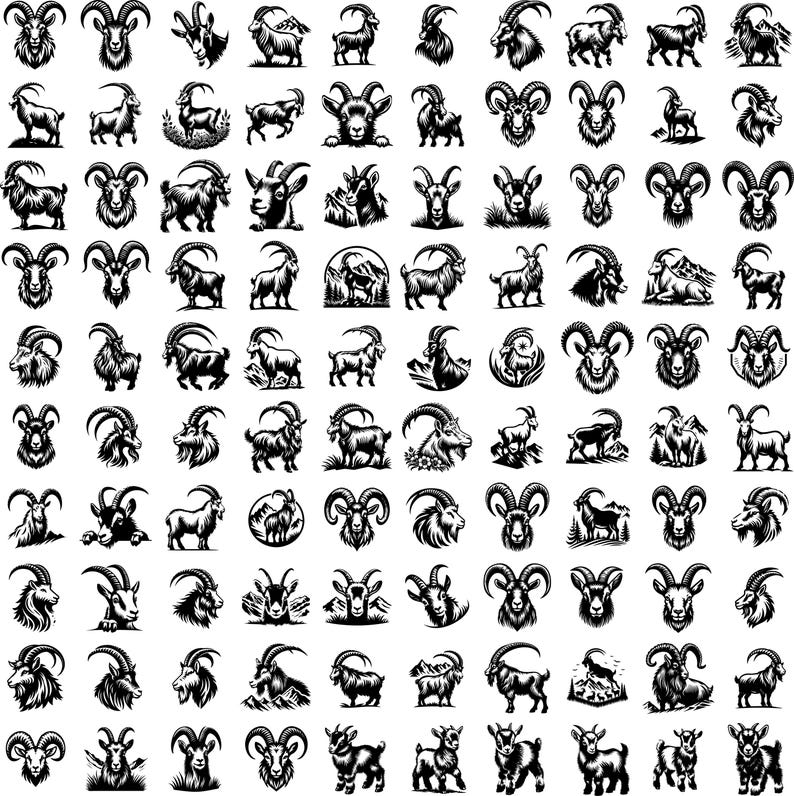 Puede incluir: Una colecci&oacute;n de 64 ilustraciones en blanco y negro de cabras en varias poses. Las cabras est&aacute;n representadas en un estilo vintage con detalles intrincados.
