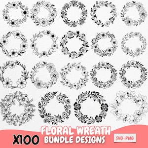 Pacote de coroas florais SVG PNG, clipart de coroas florais, bordas florais desenhadas à mão, coroas de flores para Cricut, arquivos de corte a laser