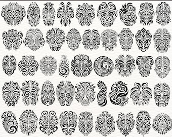 Diseños de tatuajes maoríes SVG, PNG, EPS, paquete de vectores de tatuajes tribales, clipart de tatuajes faciales polinesios, plantilla de tatuaje digital, archivos de corte Cricut