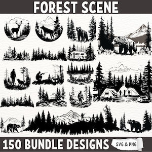 Bundle SVG scène forestière - 150 modèles nature camping, faune et chasse - silhouettes aventure en plein air pour Cricut, découpe laser, fichiers SVG