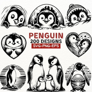 Paquete SVG de pingüinos lindos para Cricut y sublimación, clipart de pingüino bebé, PNG de animales de invierno, archivos EPS de pingüinos de San Valentín