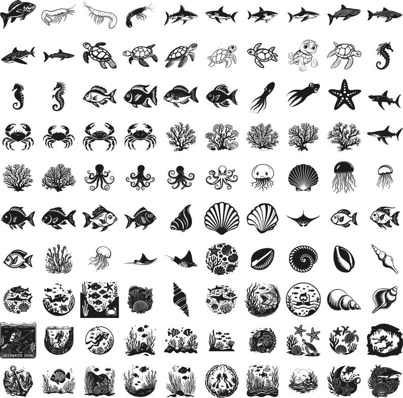 Underwater Sea Life SVG Bundle, 100 Ocean Creatures PNG Designs, Marine ...