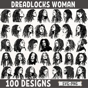 Pacote SVG de Dreadlocks Femininos, 100 Designs de Penteados Afro Clipart, Silhueta de Mulher Negra Arte Digital, Arquivos de Corte PNG para Projetos Cricut
