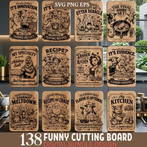 Puede incluir: Un conjunto de 12 tablas de cortar de madera con ilustraciones y texto humorísticos con temática de cocina. Las tablas presentan varios diseños, incluyendo animales de dibujos animados, escenas de cocina y frases ingeniosas. El texto incluye frases como "Gourmet Meltdown" y "My Kitchen Not a Democracy".
