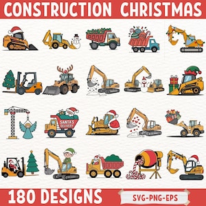 May include: A set of 180 Christmas-themed construction vehicle designs. The illustrations depict various machines like excavators, dump trucks, and bulldozers, all decorated with festive elements such as Santa hats, Christmas trees, and gifts.