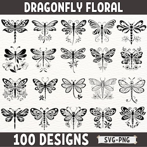 Puede incluir: Un conjunto de 24 descargas digitales SVG y PNG de libélulas florales en blanco y negro. Los diseños presentan siluetas intrincadas de libélulas con acentos florales. El texto "100 Designs" y "SVG-PNG" también se incluye en la imagen.