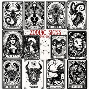 Zodiac Signs Clipart Bundle, Astrology SVG PNG, 60 Horoscope Symbol