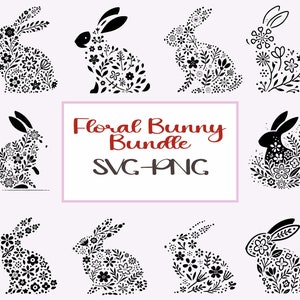 May include: A set of ten black and white floral bunny SVG and PNG digital files. The bunnies are made up of flowers and leaves. The text "Floral Bunny Bundle SVG-PNG" is in the centre of the image.