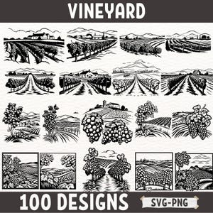 Vignoble SVG PNG Designs, ensemble de cliparts vignoble, Illustrations de vigne vintage, silhouettes de paysage de ferme, fichiers d'artisanat de vin