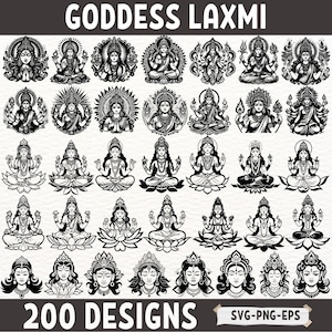 Goddess Laxmi SVG Bundle, 200 Hindu Goddess Clipart, Lakshmi Vector Cut Files, Black and White PNG, Spiritual Digital Download, EPS Cricut
