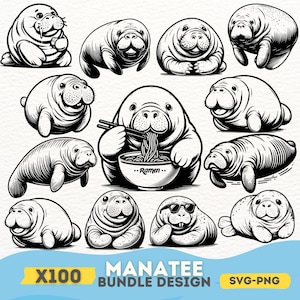 Manatee SVG PNG Bundle, süße Manatee Clipart, Kawaii Manatee Illustrationen für Cricut, Vektor Meerestierdesigns für T-shirts