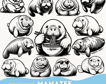 Manatee SVG PNG Bundle, süße Manatee Clipart, Kawaii Manatee Illustrationen für Cricut, Vektor Meerestierdesigns für T-shirts