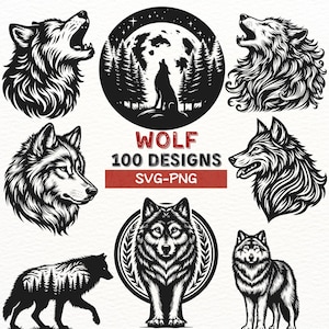 Paquete de diseños SVG PNG de lobo para Cricut y Silhouette, paquete de imágenes prediseñadas de animales salvajes, vector de silueta de cabeza de lobo, descarga digital