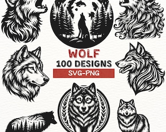 Puede incluir: Un conjunto de 100 ilustraciones de lobos en blanco y negro en formato SVG y PNG. Las ilustraciones presentan diferentes poses y expresiones de lobos, incluyendo aullar, correr y estar de pie. Las ilustraciones son perfectas para usar en proyectos digitales e impresos.