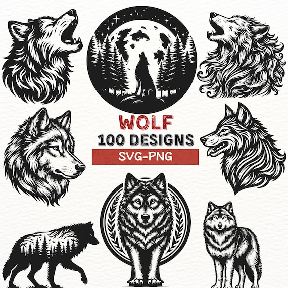 Wolf SVG PNG Designs Bundle for Cricut and Silhouette, Wild Animal Clipart Pack, Wolf Head Silhouette Vector, Digital Download