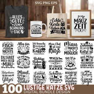Pode incluir: Uma coleção de produtos com tema de gato, incluindo uma camiseta preta, uma caneca branca, uma sacola e uma impressão emoldurada. Os itens apresentam várias frases e gráficos relacionados a gatos, como "Alles Gute zum Schnurrtag" e "Mauz Zeit."