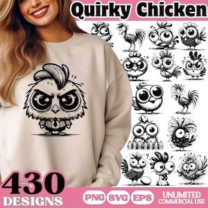 Paquete SVG de pollo peculiar, divertidos clipart de animales de granja PNG EPS, vectores de dibujos animados de gallos, diseños de sublimación para Cricut y confección de camisetas
